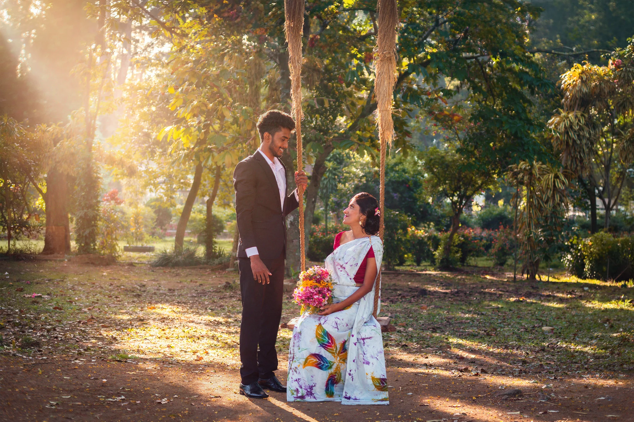 Sri Lankan couple walking together during a golden hour pre-shoot